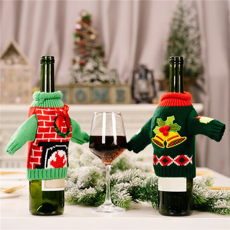 

New Year Christmas Wine Bottle Cover Knitted Sweater Cap Xmas Party Dinner Table Decor Santa Claus Champagne Bottle Decorations