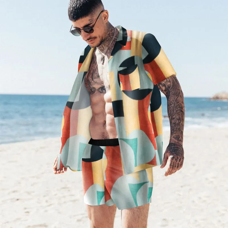 

2022 New Summer Hawaii Men's Casual Fashion Digital Printed Loose Shirt Beach Shorts Two-piece Suit Tracksuit Men Camisa Hombre