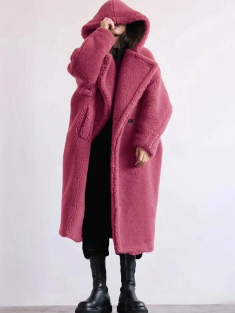 

Женское зимнее пальто с искусственным мехом, теплое длинное пальто с капюшоном и длинным рукавом, женское толстое пальто с плюшевым мишкой, ...
