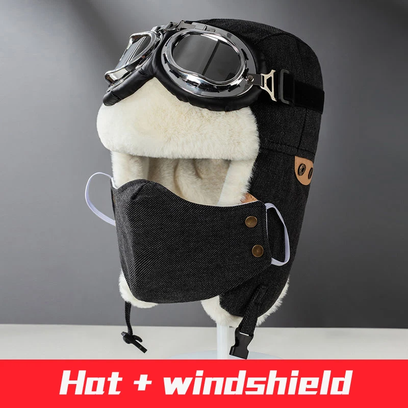Skiing Cold Resistant Flying Hat Thickened Plush Ear Protection Windproof Eye Protection Outdoor Sports Cycling Winter Warm Hat