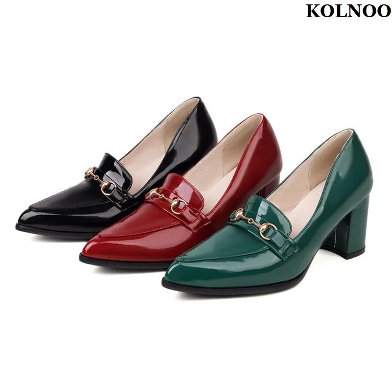 

Kolnoo 2022 New Handmade Women's Chunky Heels Pumps Patent Leather Slip-on Dress Shoes Metal-Deco Evening Fashion Court Shoes