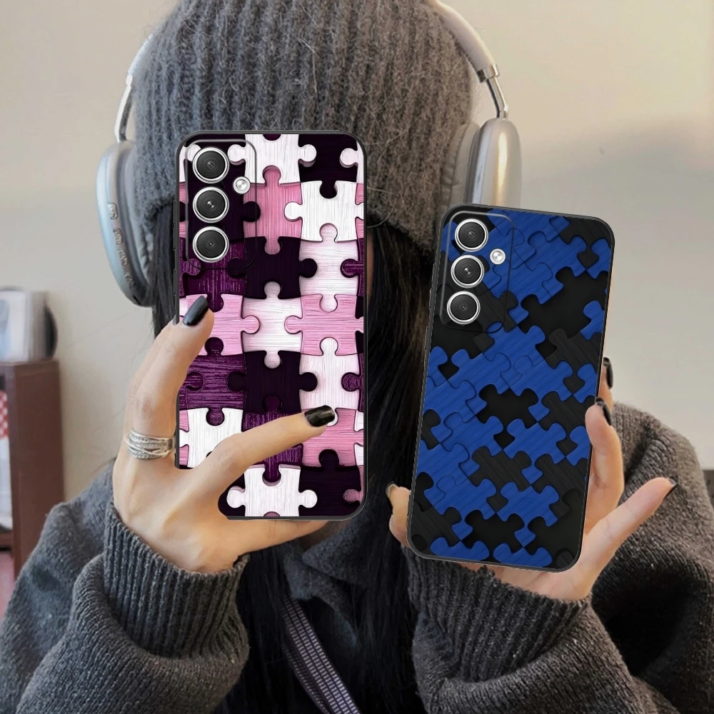 Puzzle Fashion Pretty Mobile Cell Phone Case for Samsung Galaxy S24 S23 S22 S21 S20 S10 S9 Plus FE Ultra Lite Black Cover Shell