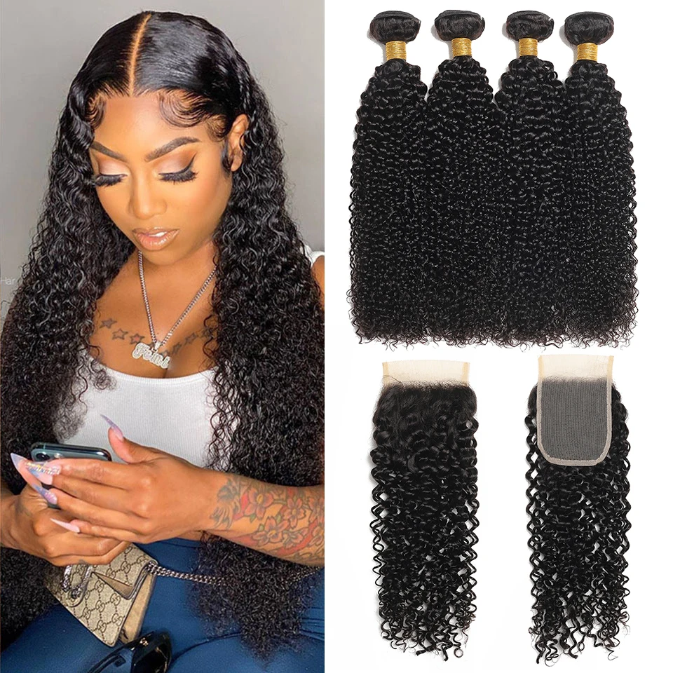 12A Kinky Curly Bundles With Closure Malaysian Raw Jerry Curl Hair 3 Bundles with 4x4 Lace Closure Virgin Human Hair Extensions