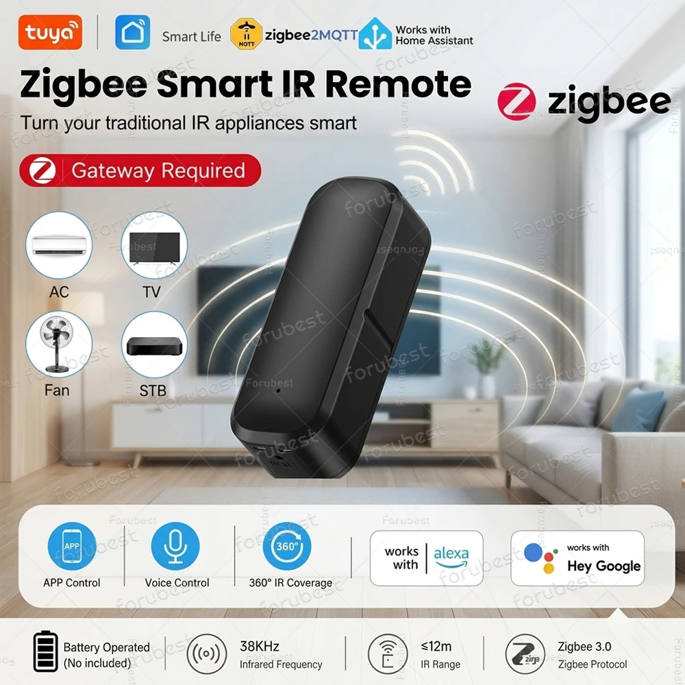 Фото Универсальный инфракрасный пульт дистанционного управления ZigBee Smart IR для умного дома, совместим с Alexa, Google Home, Tuya, Z2M (требуется хаб) №1