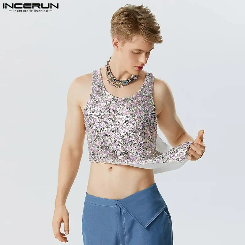

INCERUN Men Irregular Tank Tops Sequins Sparkling Sexy Transparent O-neck Sleeveless Vests Streetwear Summer 2023 Men Clothing