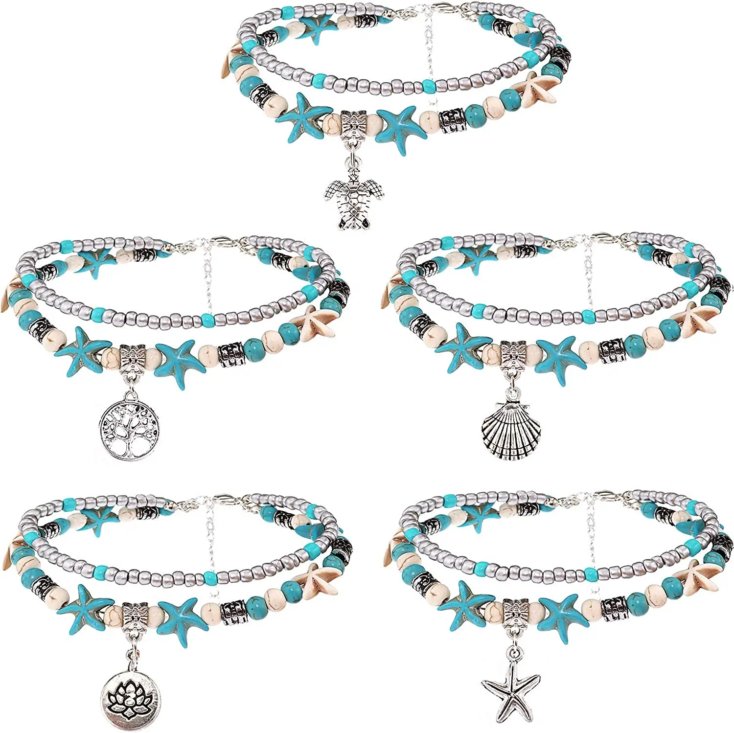 

5 Pack Double Anklet Conch Starfish Rice Bead Yoga Beach Turtle Pendant Bracelet European and American Explosion Jewelry