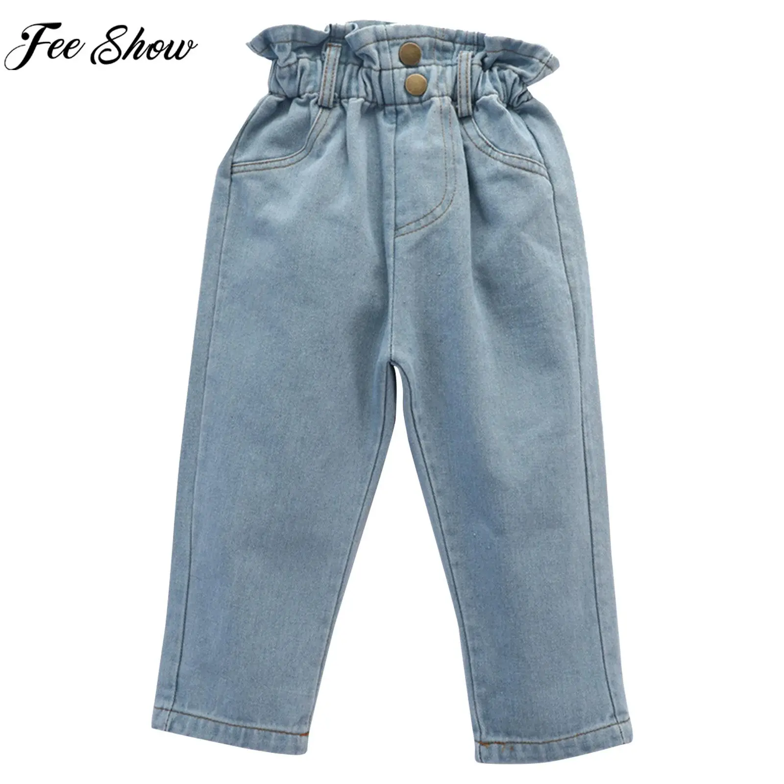 

Детские модные однотонные джинсы для девочек, повседневные свободные женские брюки, брюки с высокой талией для повседневной школы