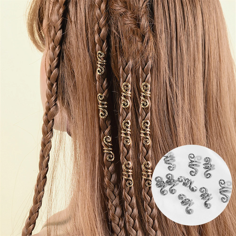 

9 Pcs Silver Golden Plated Hair Rings for Braids Spiral Hairpins Women Girls Snake Hair Beads Dreadlock Jewelry Accessories Gift