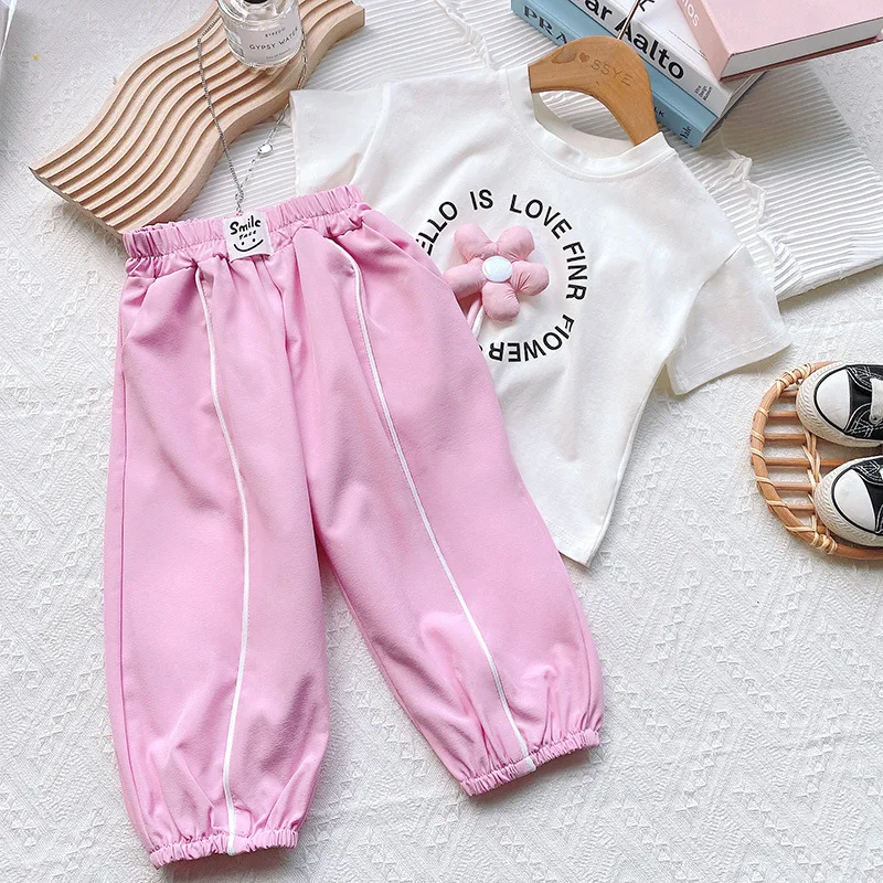 

Girls Cute Pink Clothes Set Summer Letter Flower T-shirt with Sports Trousers 2 Piece Sportswear Suit 3-8 Years Children Outfits