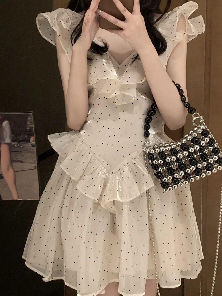 

Elegant Women Lolita Mini Dress 2022 Summer V Neck Polka Dot Ruffles Dress Hollow Out Backless Cute Kawaii Party Fairy Dresses