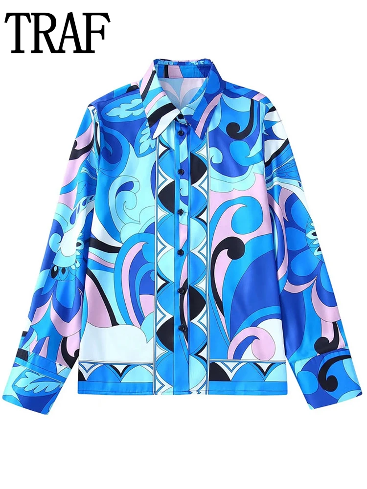 

TRAF Blue Print Blouse Woman 2022 Collard Button Up Shirt Women Summer Long Sleeve Top Female Boho Baggy Blouses And Shirts Sets