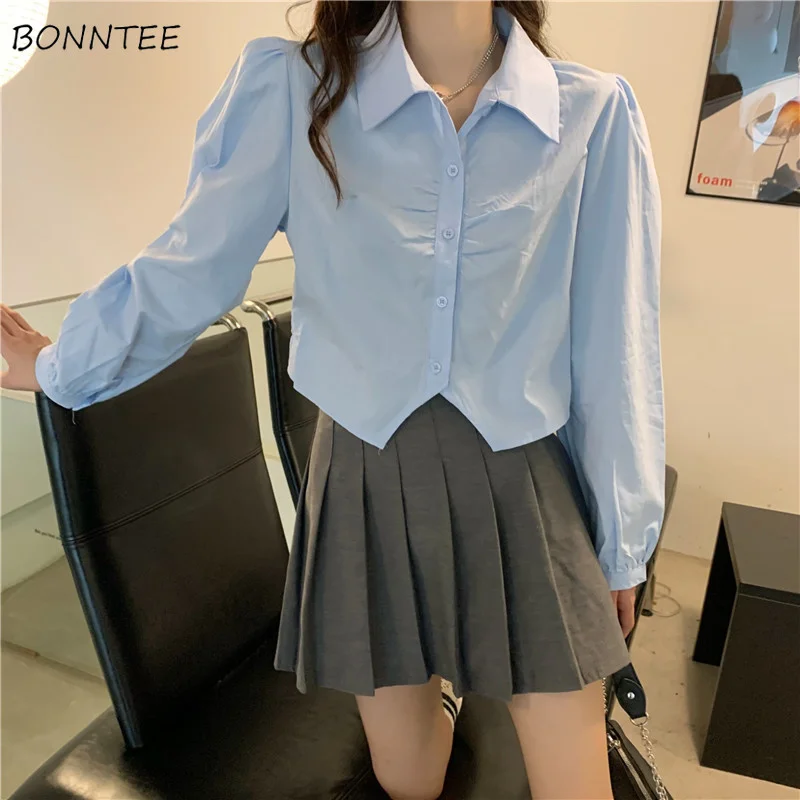

Shirts Women Design Solid Fashion Single Breasted All-match Minimalist Cropped Female Tops Elegant Preppy Style Streetwear Cozy
