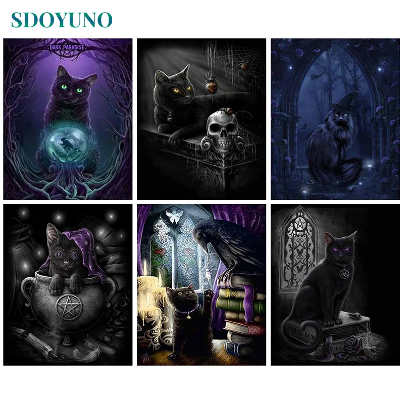 

SDOYUNO Black Cat Painting By Numbers Animal On Canvas With Frame Acrylic For Adults Pictures Drawing By Number Decoration Art