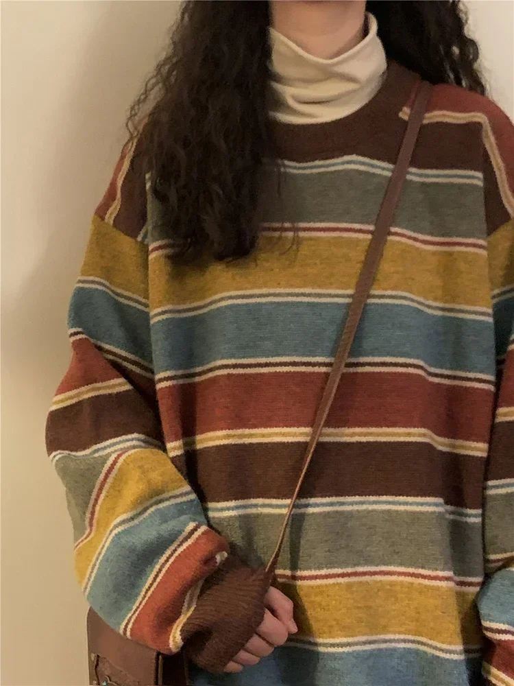 Японский Полосатый Свитер В Стиле Ретро Большой Размер Вязаный Пуловер