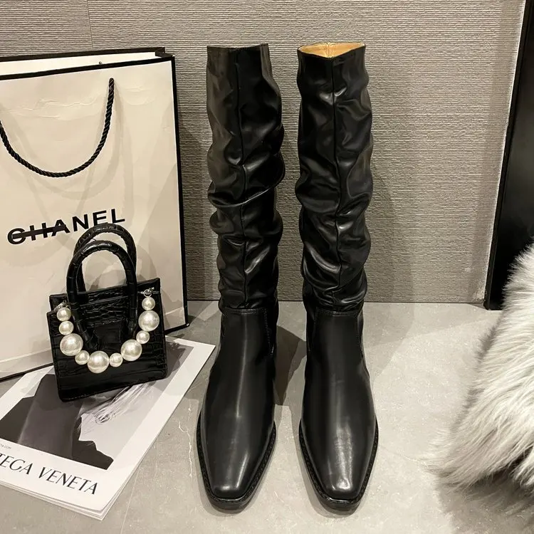 

2022 Cowboy Western Knee High Leather Boots for Women Pointed Toe Pleat Boots Autumn Winter Platform High Heels Women's Botas