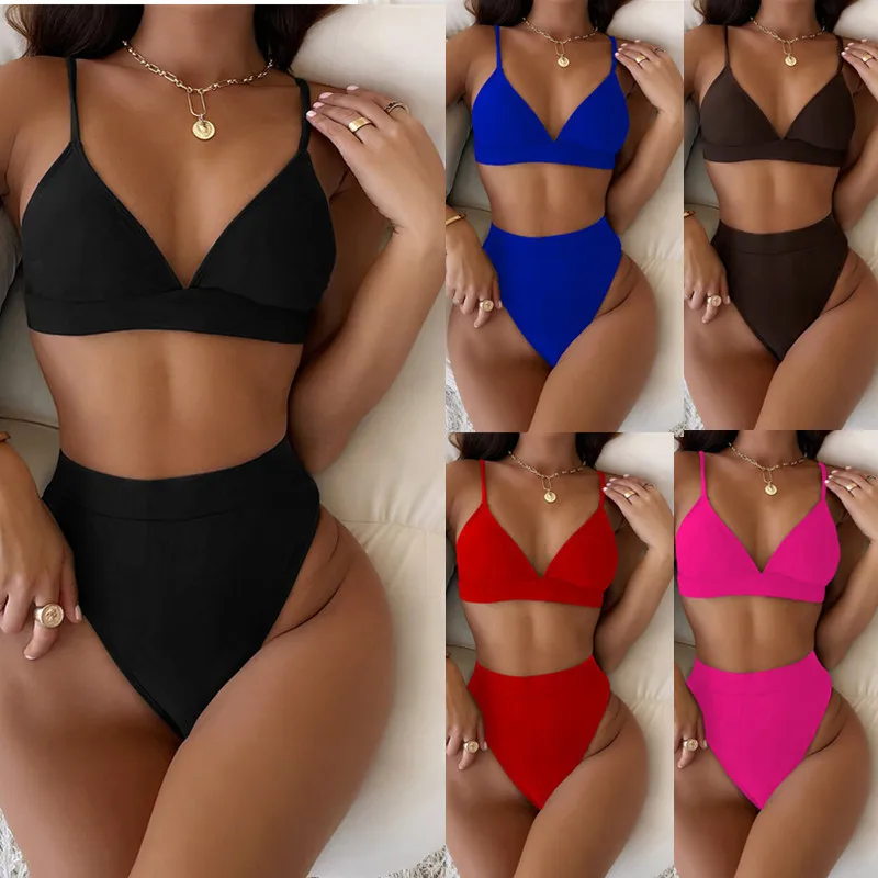 

2022 European American Foreign Trade Bikinis Triangle Multicolor Spilt Type Two Pieces Set Swimsuits Sexy Bikini Swimwear Summer