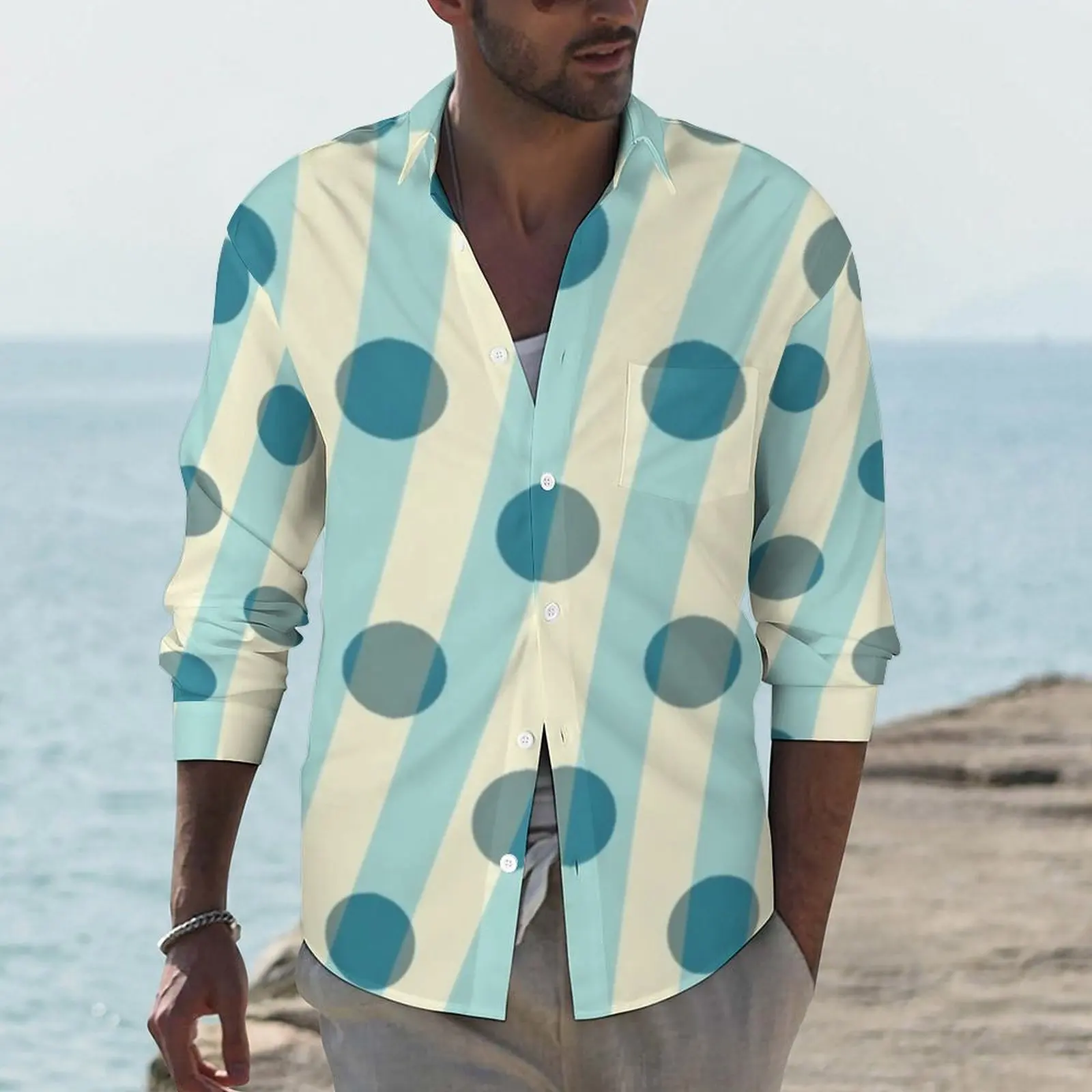 

Dots And Stripes Casual Shirts Men Modern Art Shirt Long Sleeve Fashion Stylish Blouses Spring Graphic Clothing Plus Size
