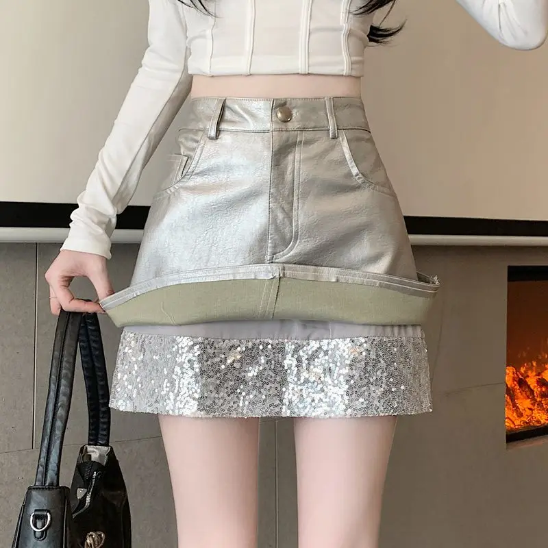 2024 женская модная мини-юбка с передними карманами и блестками винтажная