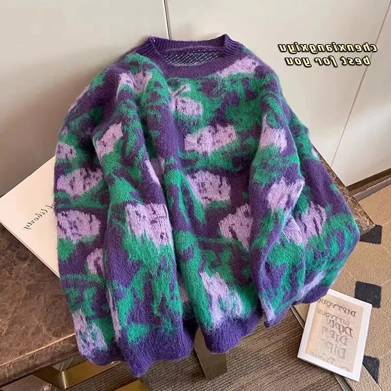 Женский трикотажный свитер в стиле ретро темно-фиолетовый Свободный пуловер с