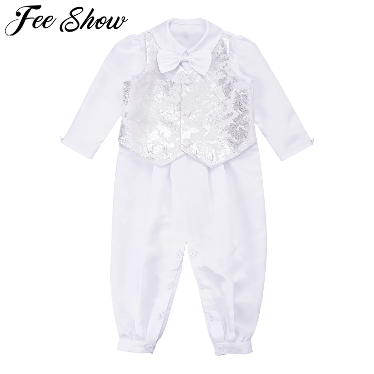 

Baby Boy Christening Romper Jumpsuit Peter-Pan Collar Jacquard Cotton Gentleman White Baptism Clothes Wedding Birthday Party Set