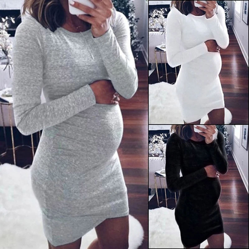 

Осенние платья для беременных женщин с длинным рукавом облегающее Повседневное платье домашняя одежда для мам платье для беременных