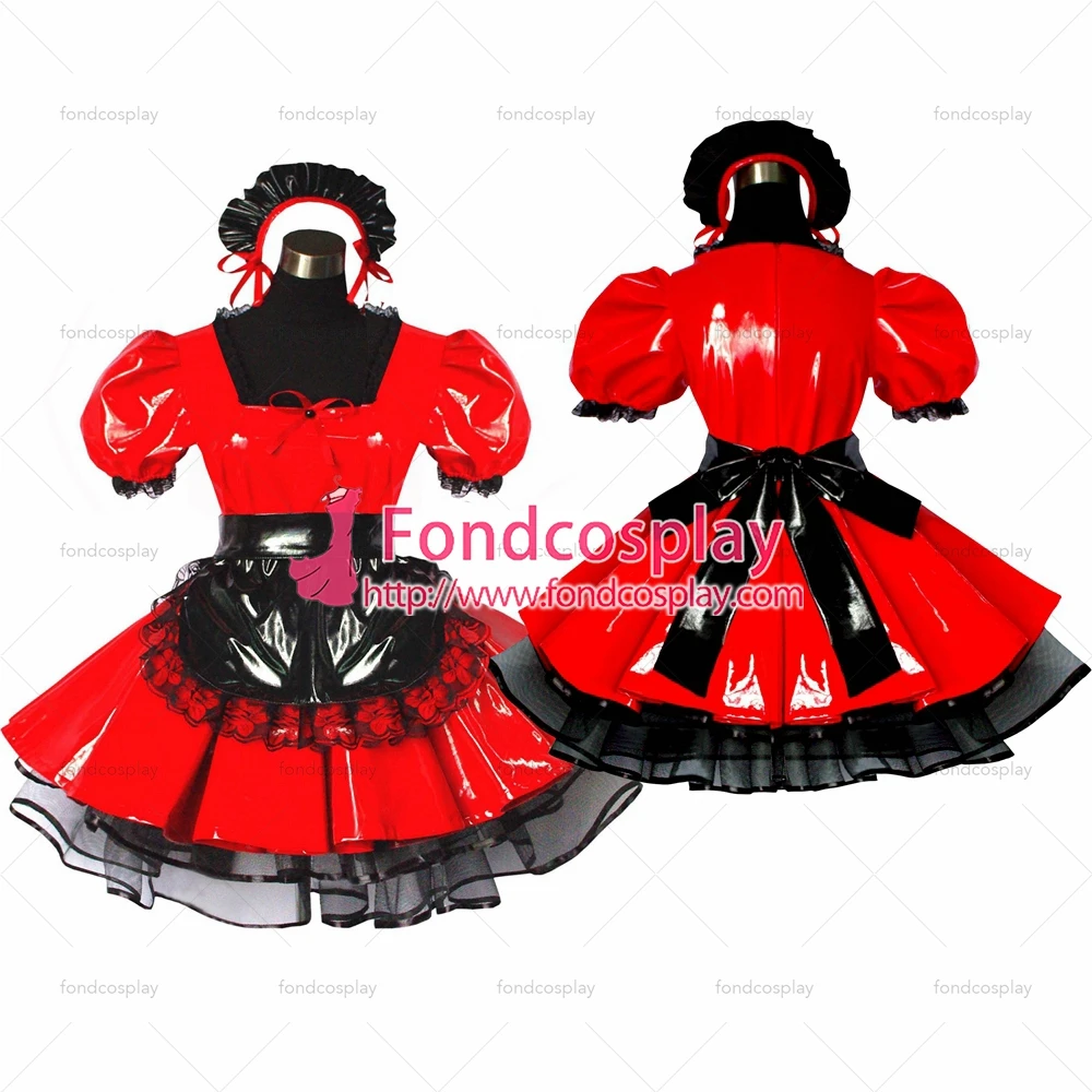 

adult sexy cross dressing sissy maid short red thin Pvc Dress Lockable Uniform black arpon Costume Custom-made[G491]