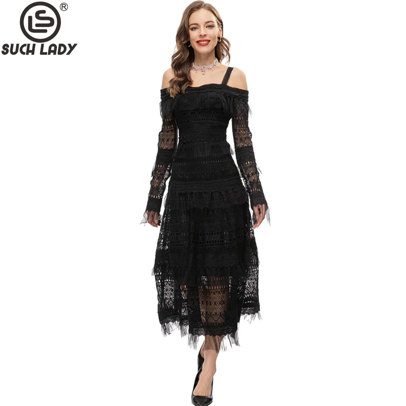 

Женские модельные платья, привлекательные кружевные платья на бретелях-спагетти с открытыми плечами и вышивкой, уличная мода с оборками