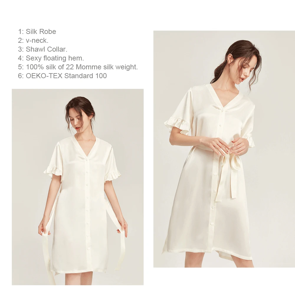 LiliRoms Noble White 22 Momme 100% Silk Tied Dress Nightgown Robe Mid Sleeve Button Ribbon Sleepwear Elegant Clothing For Gift