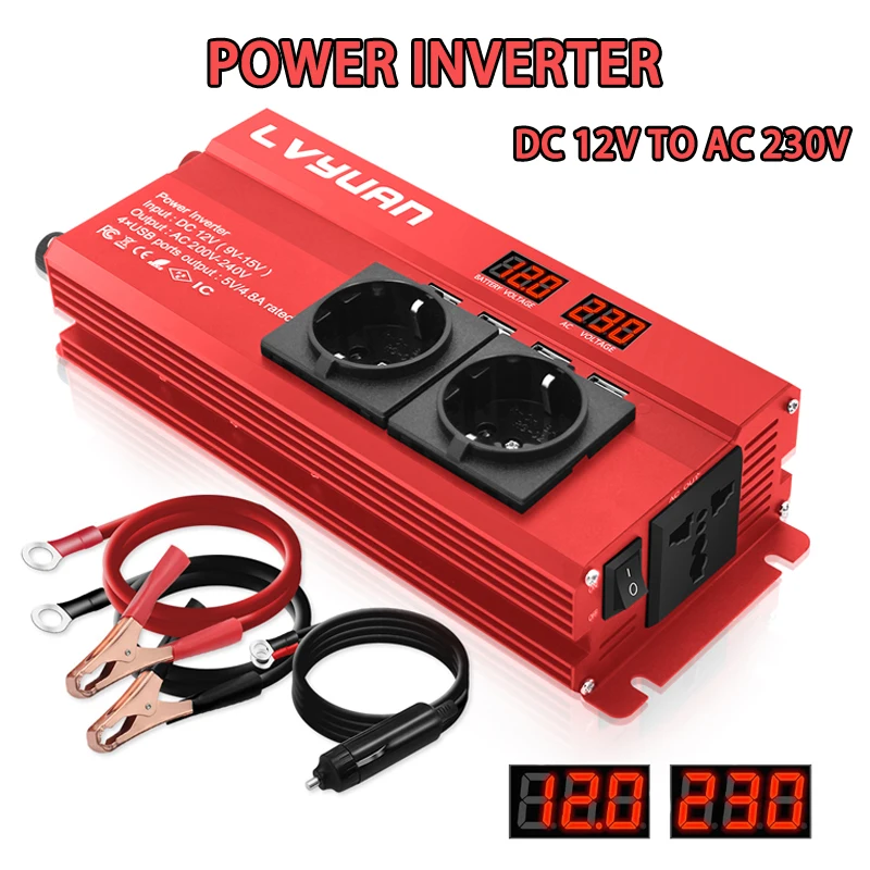 DC 12 В AC 110 В/220 В DC 6000 Вт/Пик Вт подходит для автомобиля, дома, ноутбука, 4 USB, ЕС/США/универсальный портативный инвертор