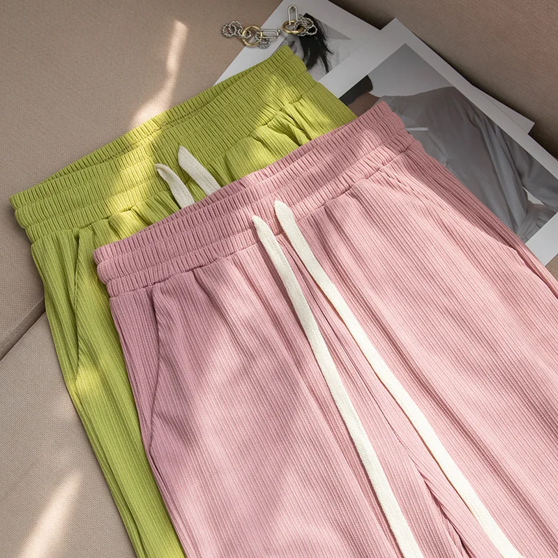 

Cream Ice Silk Wide-Leg Pants 2022 Spring and Autumn Women's Drape High Waist Loose Striped Texture Casual Straight Trousers