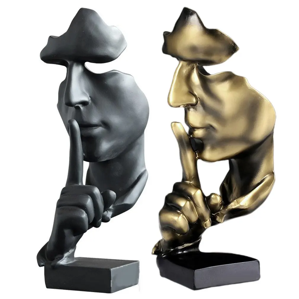 

27cm Resin Silence Is Golden Mask Sculpture Abstract Ornaments Statuettes Sculpture Craft For Office Vintage Home Decoration