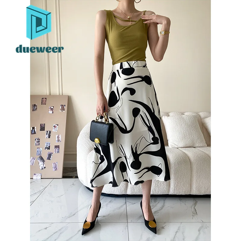 

DUEWEER A-Line High Waist Skirts Office Wear Women Summer Midi Elegant Fashion Woman Skirts 2022 Khaki Flowy Retro Outfits