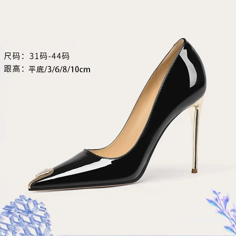 

Spring and summer new pointy rhinestone patent leather single shoes thin high-heeled banquet dress large and small women's shoes