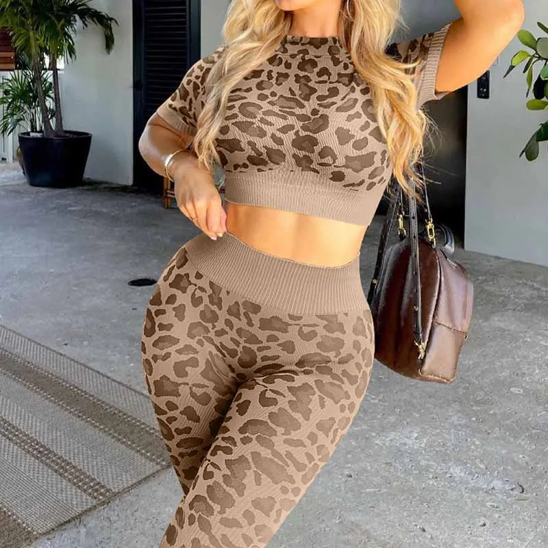 

Leopard Print Women's Yoga Set Leggings Floral Stretch Long Pants Elastic Gym Set Workout Breathable Leggins Long Sleeve Top