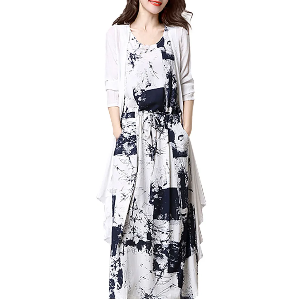 

Mid-length Dress 0-neck Women Cotton Two-piece Linen Cardigan Women's Dress Women 2021 Fashion Dress