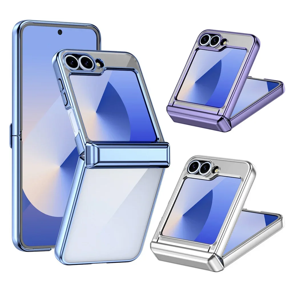 Фото Чехол для Samsung Z Flip 6 5 Flip6 Galaxy ZFlip5, роскошный гальванический прозрачный складной шарнир, противоударный защитный жесткий чехол №1