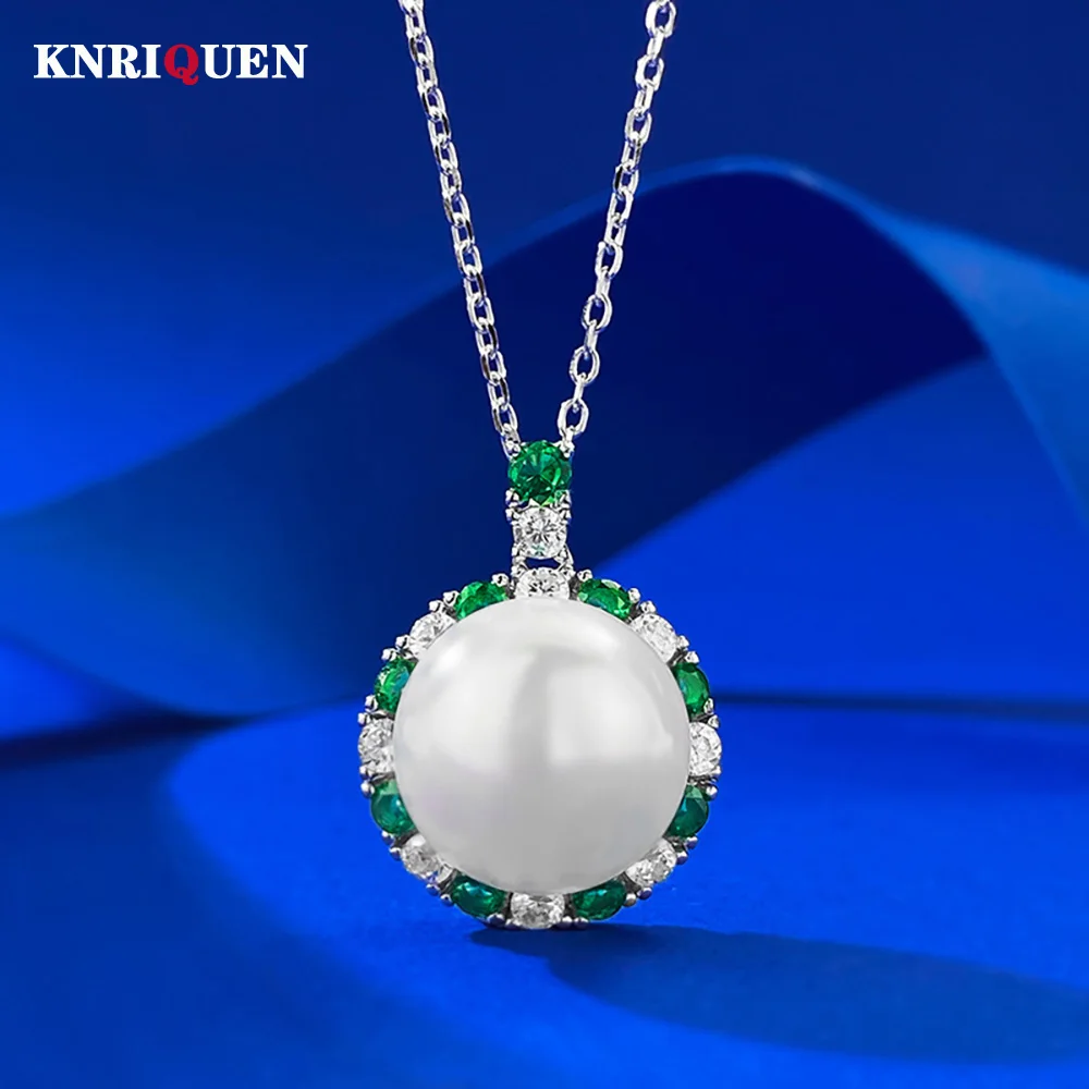 

2023 Trend 100% 925 Sterling Silver Round 12mm Pearl Emerald Pendant Necklace for Women Party Fine Jewelry Female Birthday Gift