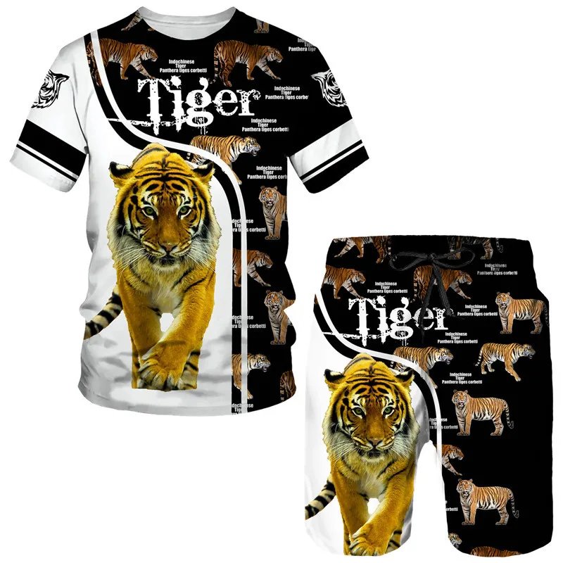 

Summer Tiger King 3D Printed Men's T-shirt+Shorts Suit Unisex Cool Animal O-Neck Tops Men/Women Couple Sport Wear Tracksuit Set