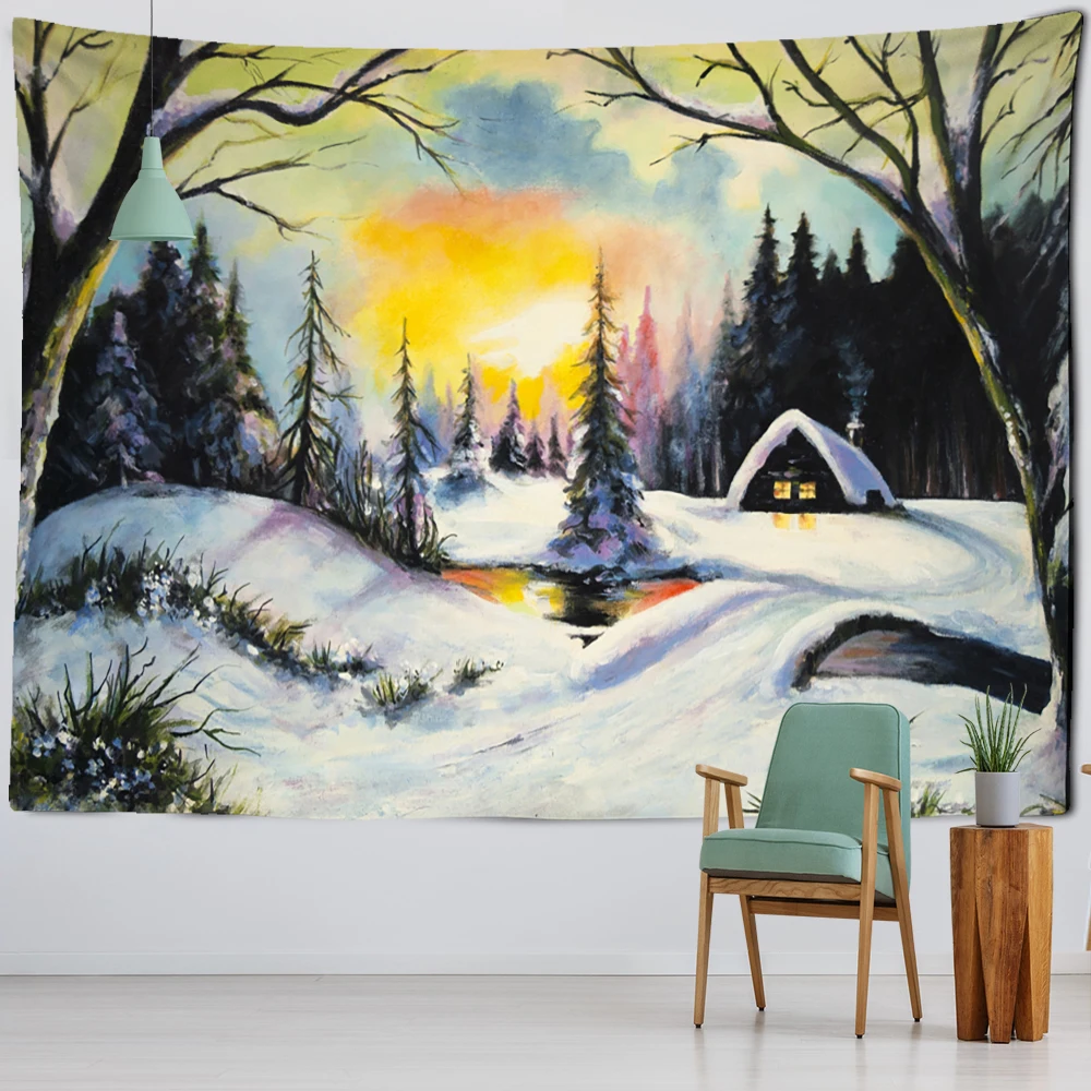 

Oil Painting Snow Scene Tapestry Wall Hanging Christmas Tree Natural Scenery Psychedelic Witchcraft Aesthetics Room Home Decor