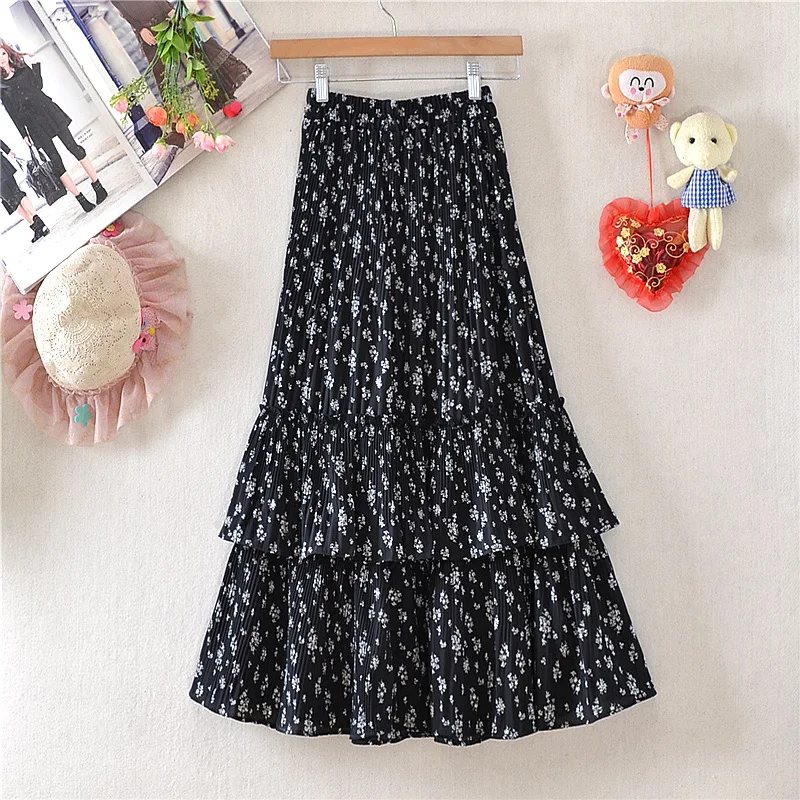 

Women Summer Elegant Floral Printed Midi Chiffon Skirts Ladies Autumn Streetwear Girls High Waist Casual Tiered Skirt Clothes