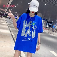 2022 y2k harajuku beading plus size klein blue t shirt women summer loose mid length fashion korean top punk clothes oversized