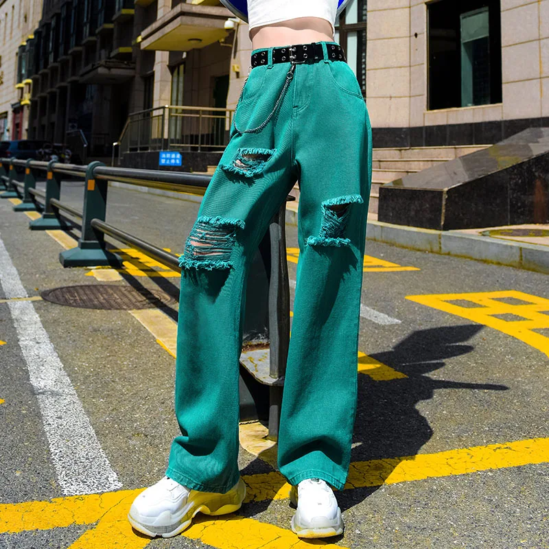 

Summer Women High Waist Wide Leg Jeans Thin Straight Floor Long Denim Pant Beggar Holes Loose Color Candy Color Tide Trousers