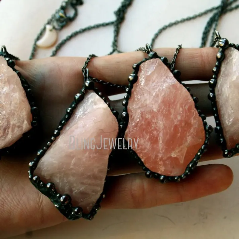 NM42637-collar de cristal de cuarzo rosa en bruto, joyería de Gema rosa, bruja Bohemia, Mecca, San Valentín, talismán