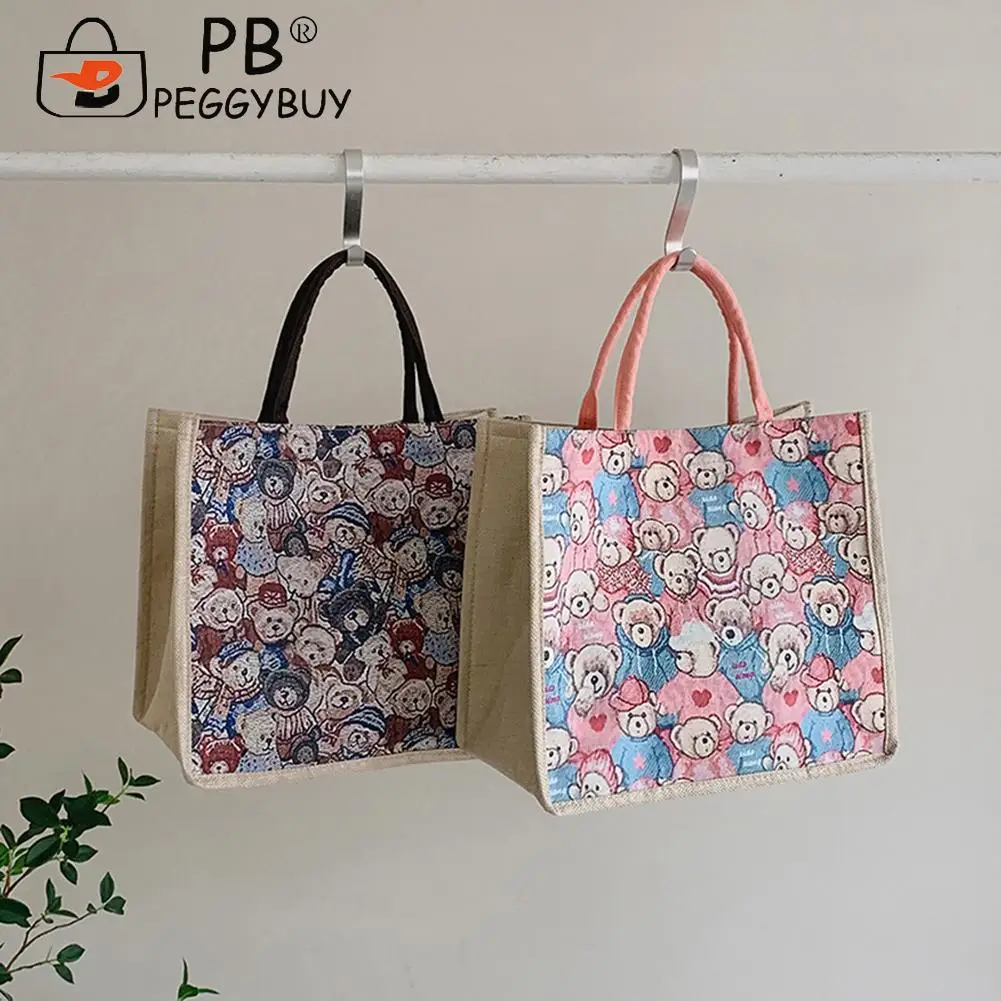 

Сумка из хлопка и льна, с изображением медведя из мультфильма, летняя, для путешествий