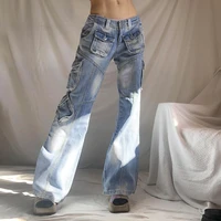 weiyao streetwear flare jeans vintage low rise pocket patchwork womens denim cargo pants bootcut trousers korean fashion basic