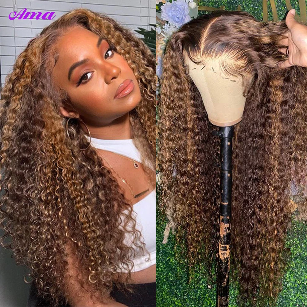 P4 27 Highlight Wig Human Hair KInky Curly Lace Front Wig 250 Density Lace Wig Ombre Brown Lace Front Human Hair Wigs For Women