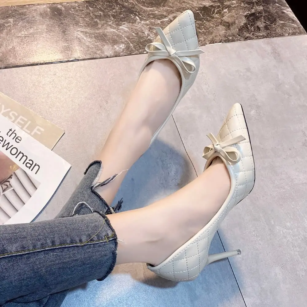 New All Matched Ladies Thin High Heel Pumps Sexy Pointed Toe Dress Shoes Plaid Design Butterfly Knot Bridal Shoes