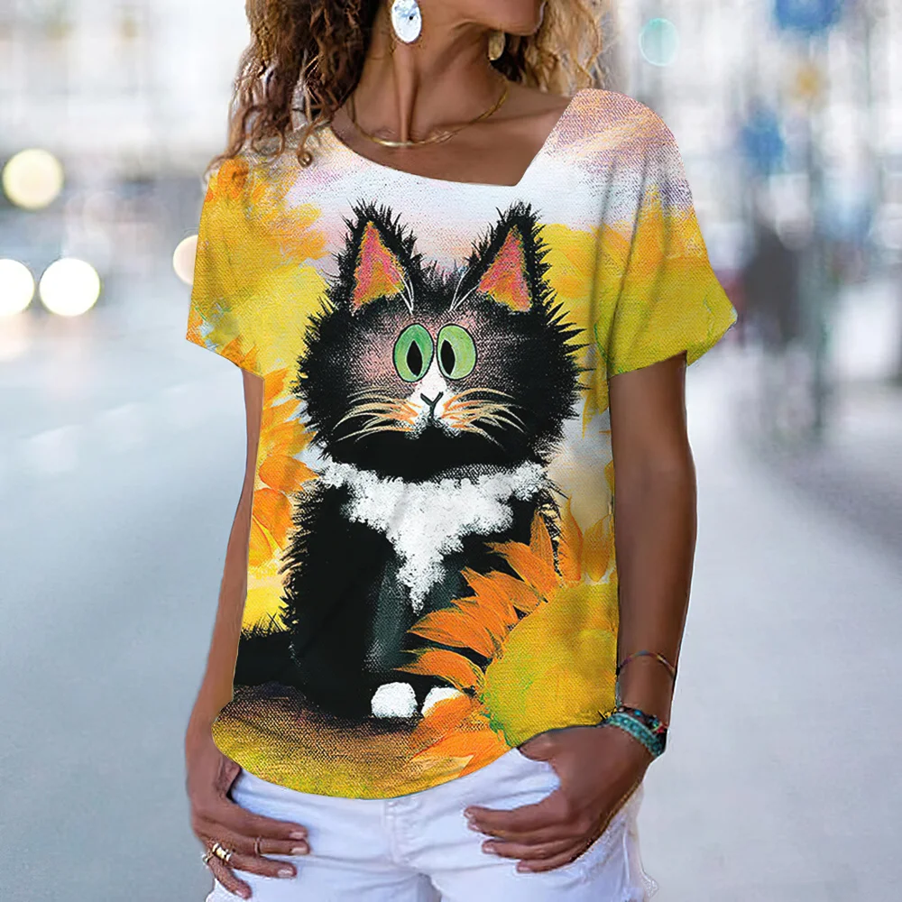 

Cartoon Kitten Printed Women's T-shirt Tops Summer Fashion Streetwear Slash Neck Casual Short Sleeve Blouse Female Harajuku Tees