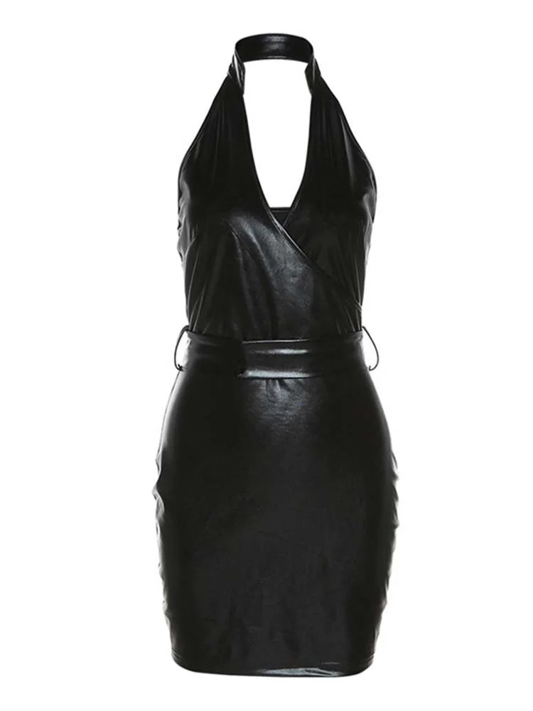 

2023Casual elegant slim sexy dress,Sexy PU Dress Women Robes Halter Backless Belt V-Neck Sleeveless Casual Solid Dresses Mini Fe