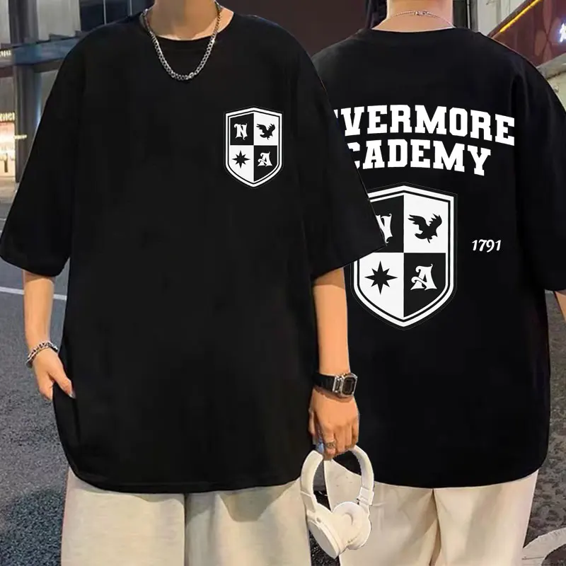 

Wednesday Addams Nevermore Academy Graphic Print Tshirt Men's Harajuku Loose Black T-shirts Men Women Oversized Cotton T Shirt